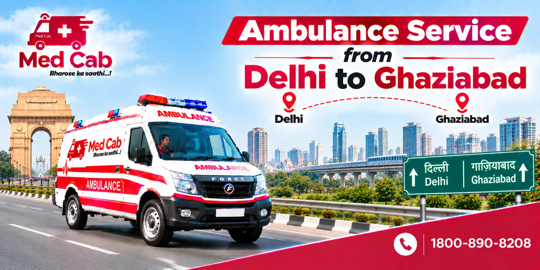 Med Cab banner shows Ambulance Service from Delhi to Ghaziabad. Image