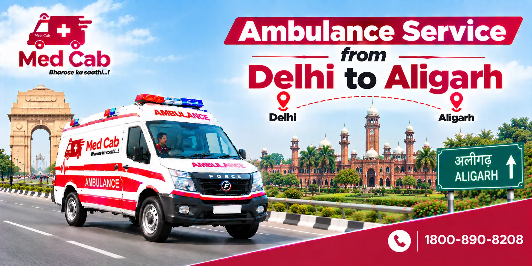 Med Cab banner shows Ambulance Service from Delhi to Aligarh. Image