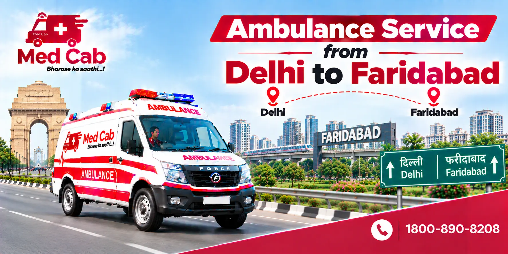 Med Cab banner shows Ambulance Service from Delhi to Faridabad. Image