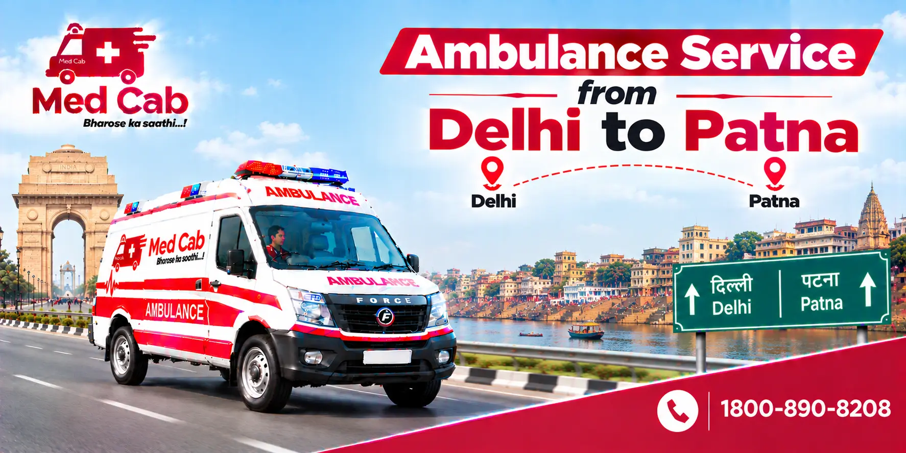 Med Cab banner shows Ambulance Service from Delhi to Patna. Image