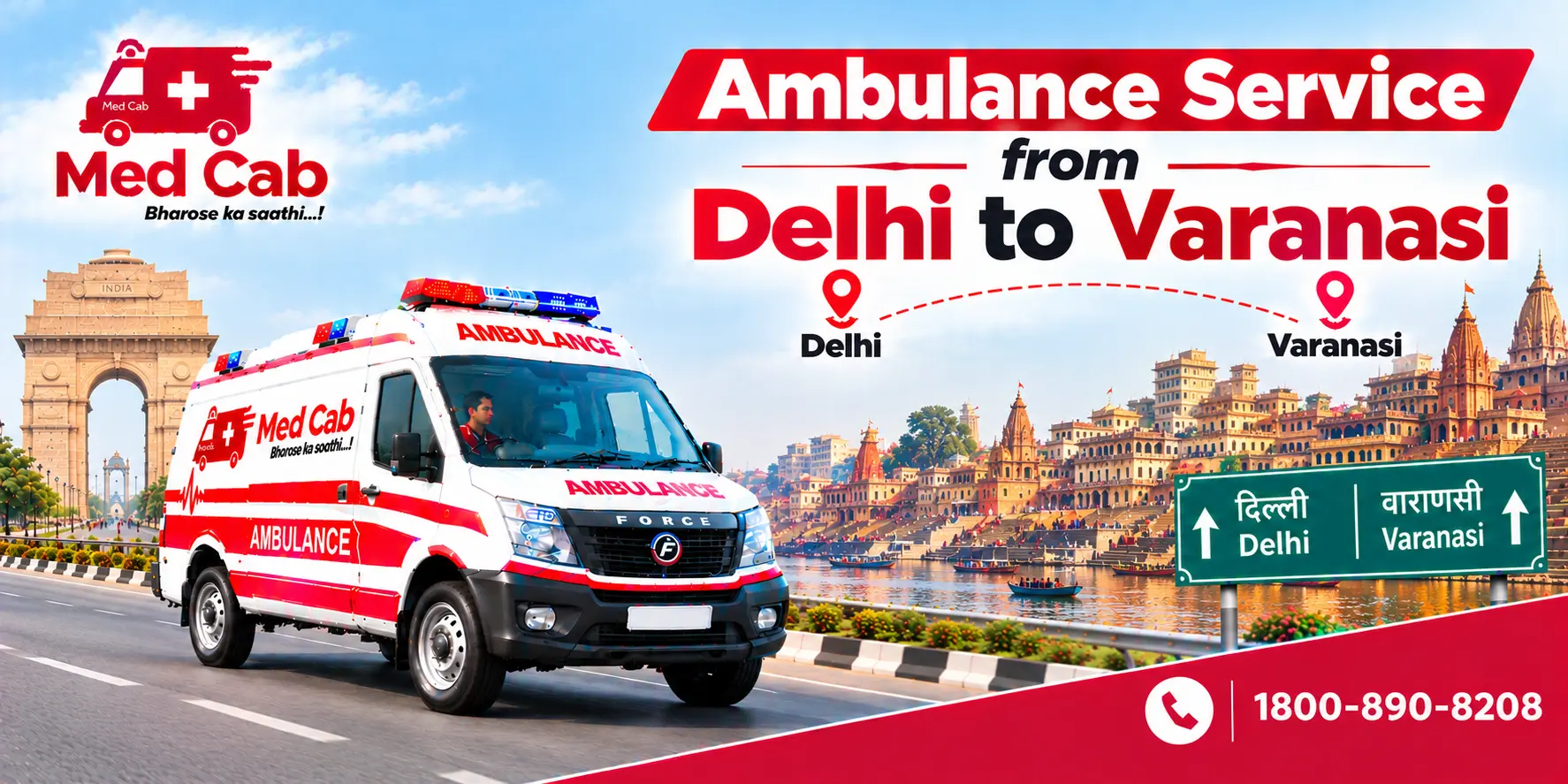Med Cab banner shows Ambulance Service from Delhi to Varanasi. Image