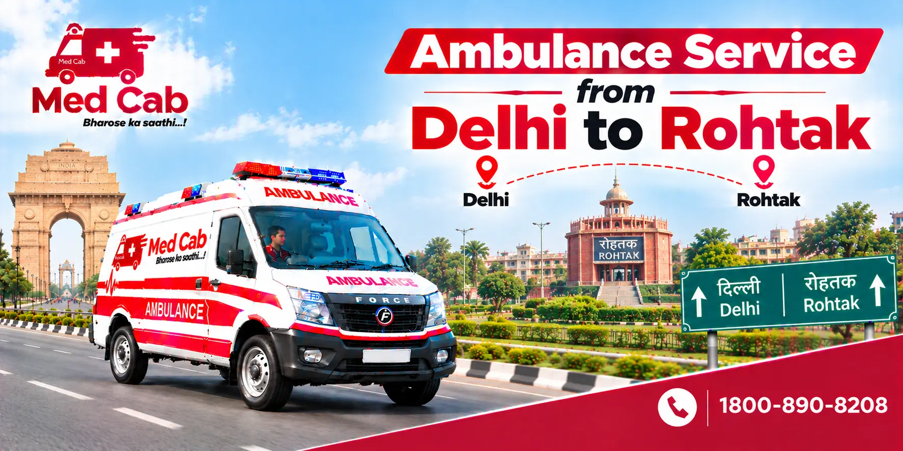 Med Cab banner shows Ambulance Service from Delhi to Rohtak. Image