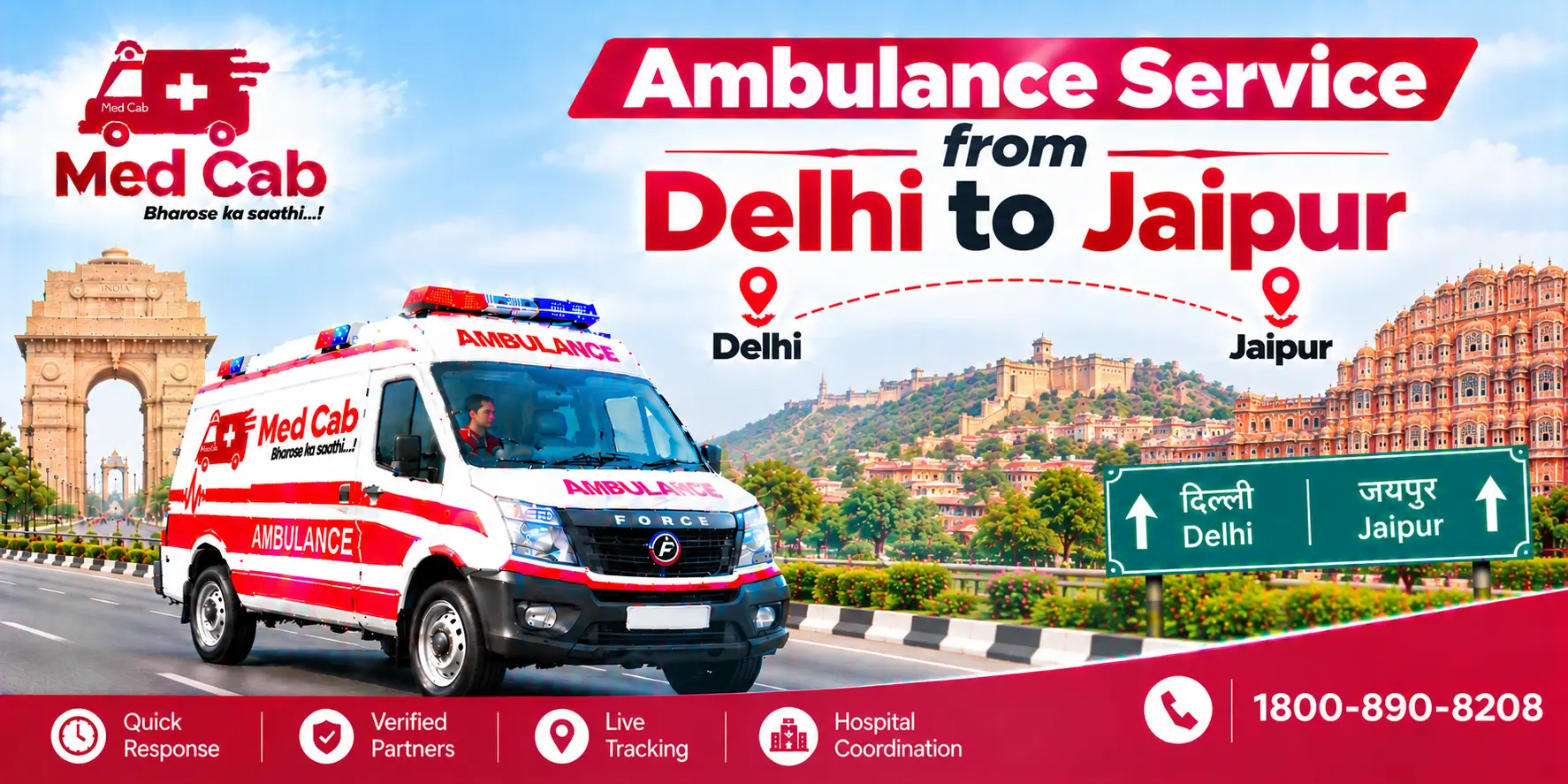 Med Cab banner shows Ambulance Service from Delhi to Jaipur. Image