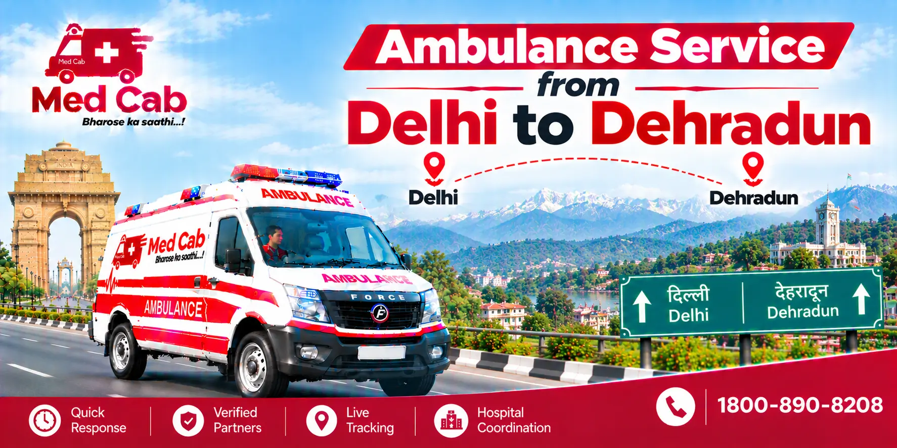 Med Cab banner shows Ambulance Service from Delhi to Dehradun. Image