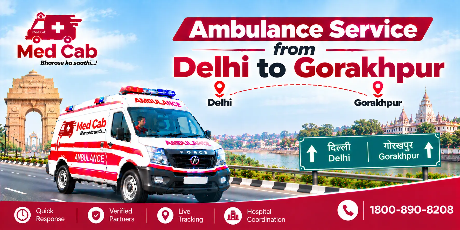 Med Cab banner shows Ambulance Service from Delhi to Gorakhpur. Image