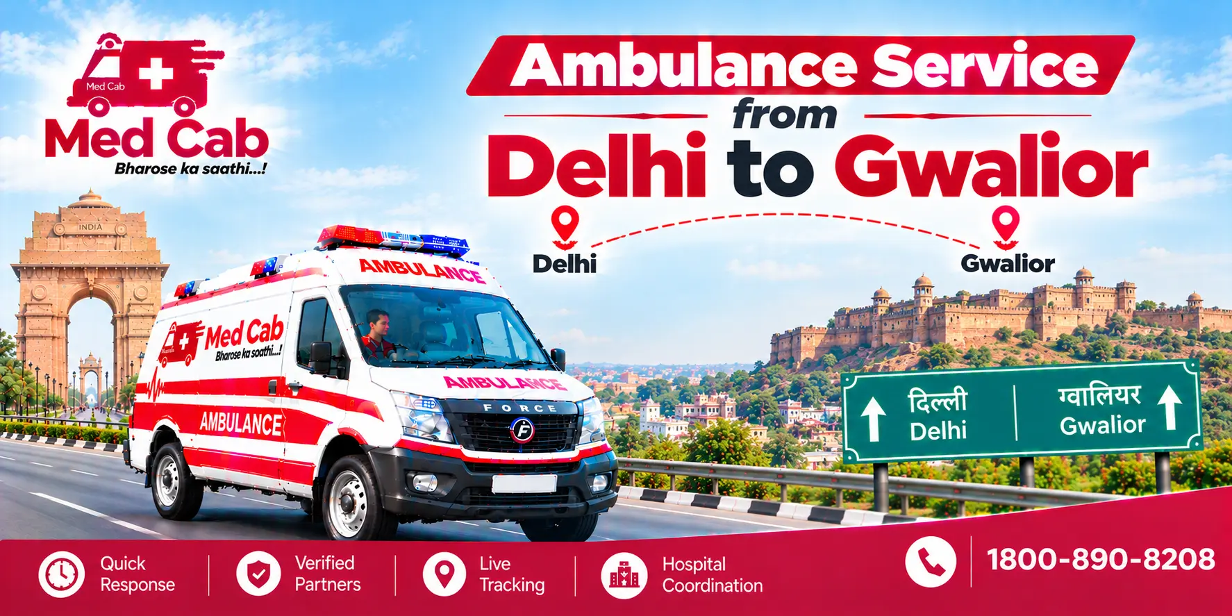 Med Cab banner shows Ambulance Service from Delhi to Gwalior. Image