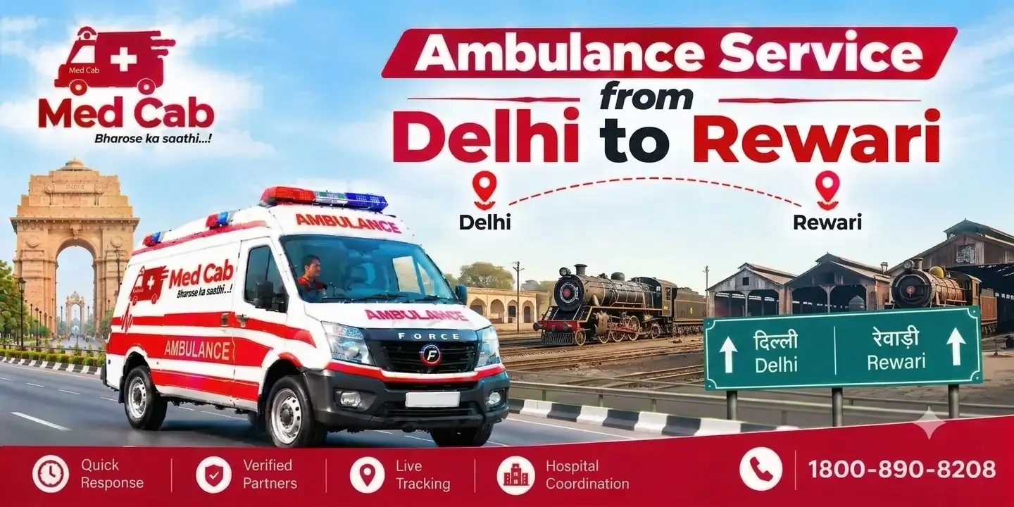 Med Cab banner shows Ambulance Service from Delhi to Rewari. Image