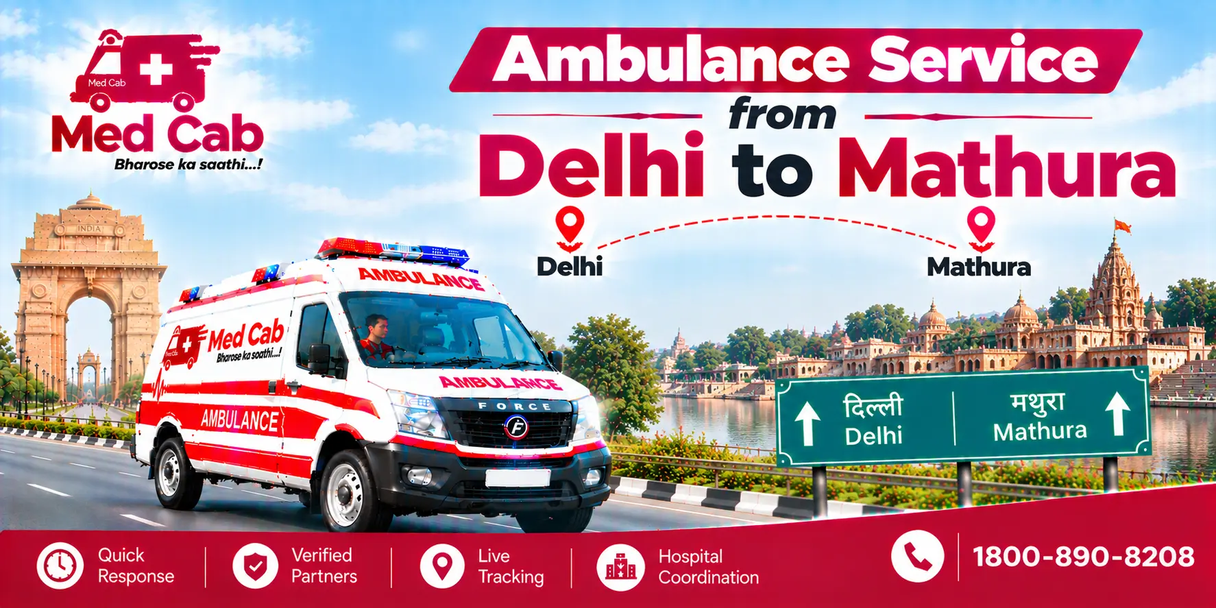 Med Cab banner shows Ambulance Service from Delhi to Mathura. Image