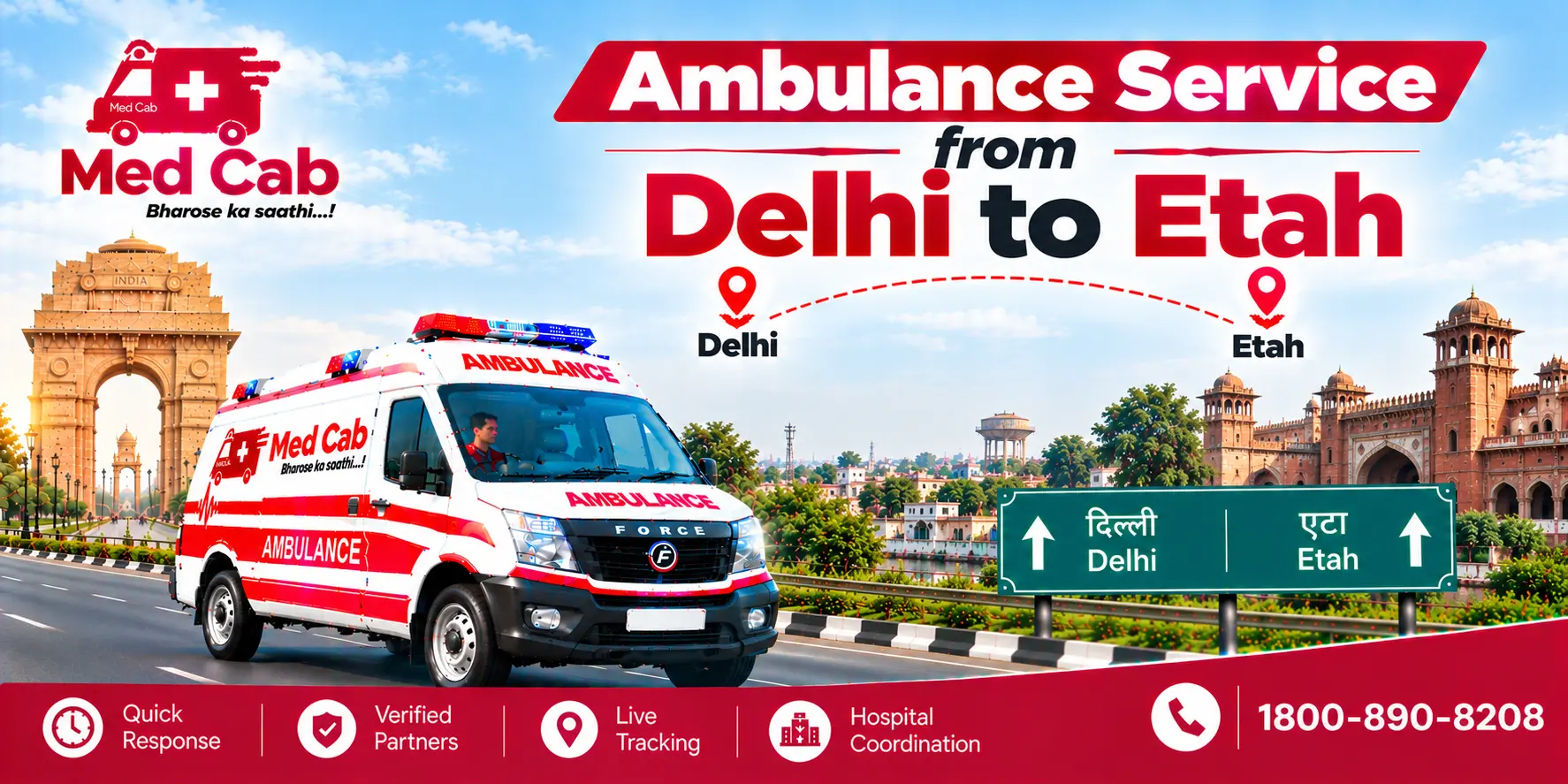 Med Cab banner shows Ambulance Service from Delhi to Etah. Image