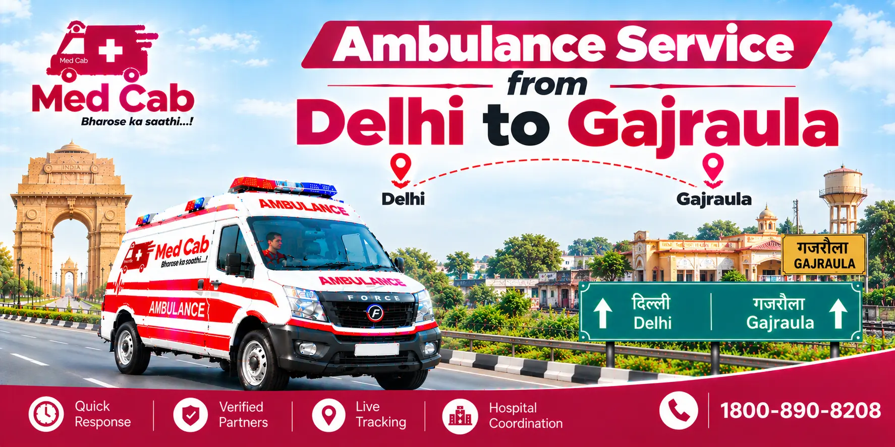 Med Cab banner shows Ambulance Service from Delhi to Gajraula. Image