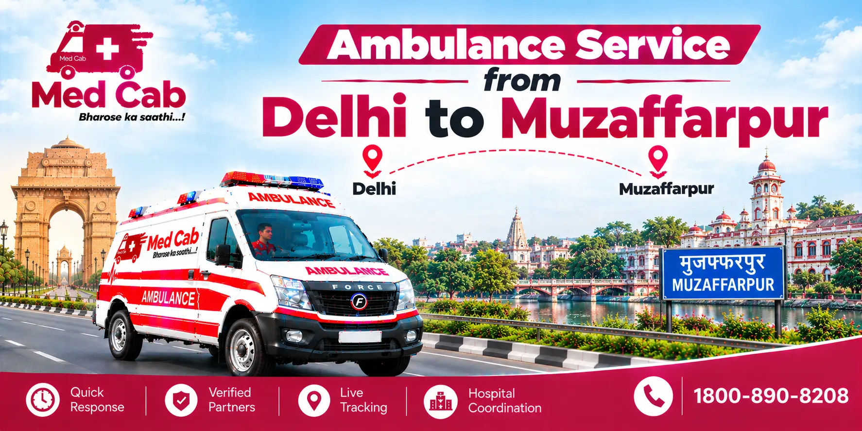 Med Cab banner shows Ambulance Service from Delhi to Muzaffarpur. Image