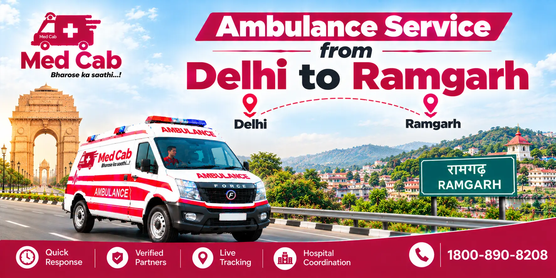 Med Cab banner shows Ambulance Service from Delhi to Ramgarh. Image