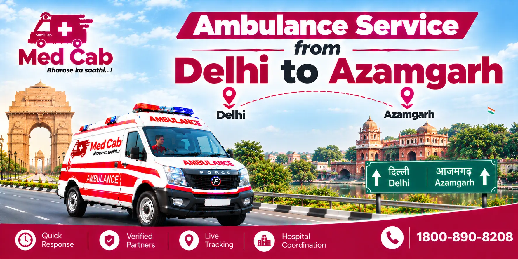 Med Cab banner shows Ambulance Service from Delhi to Azamgarh. Image
