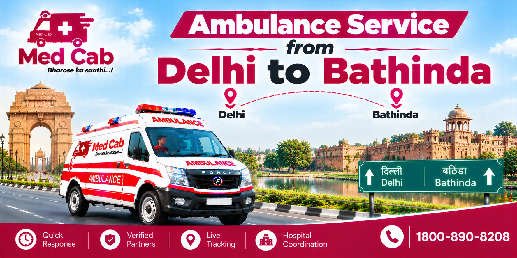 Med Cab banner shows Ambulance Service from Delhi to Bathinda. Image