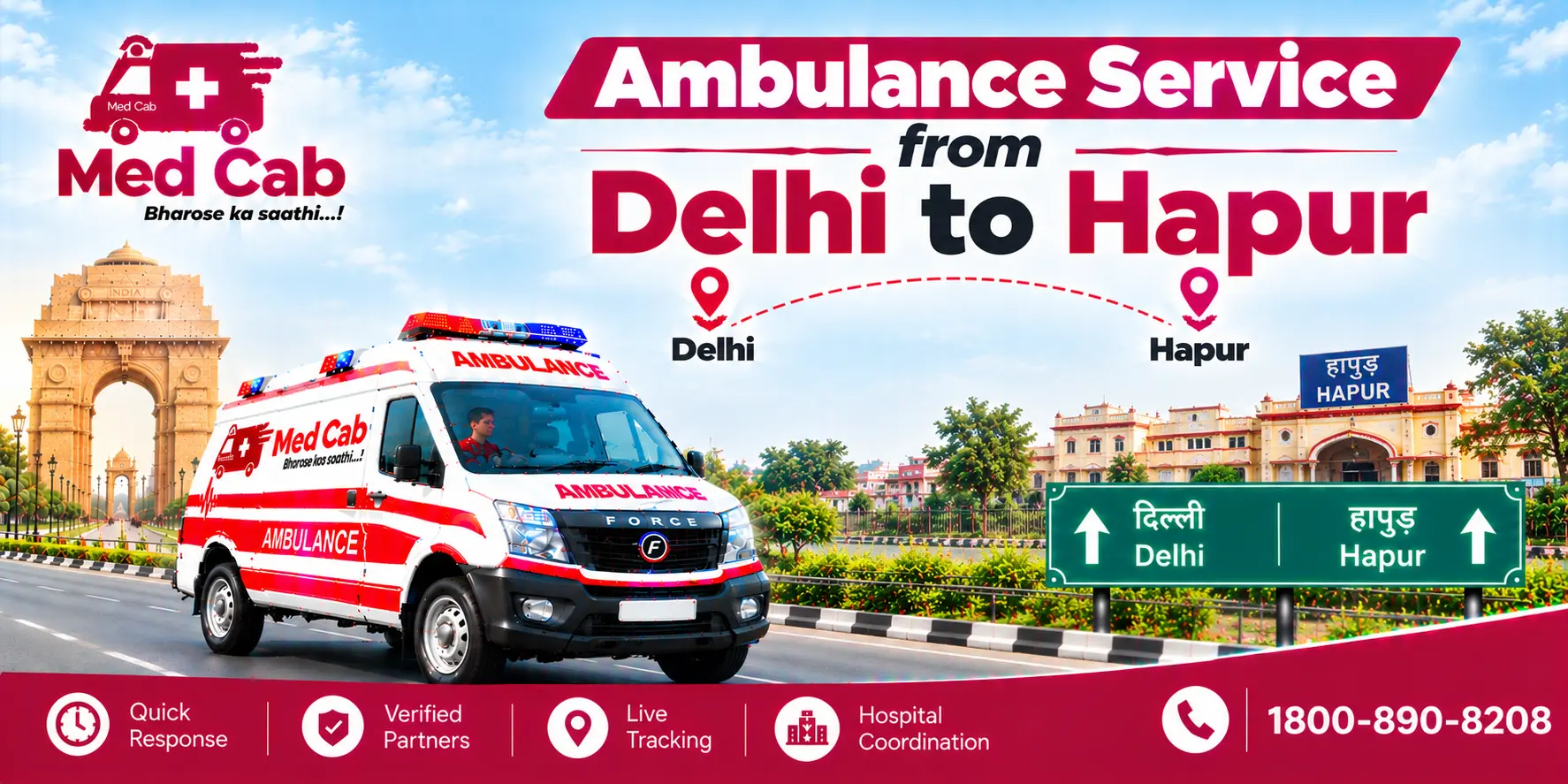 Med Cab banner shows Ambulance Service from Delhi to Hapur. Image