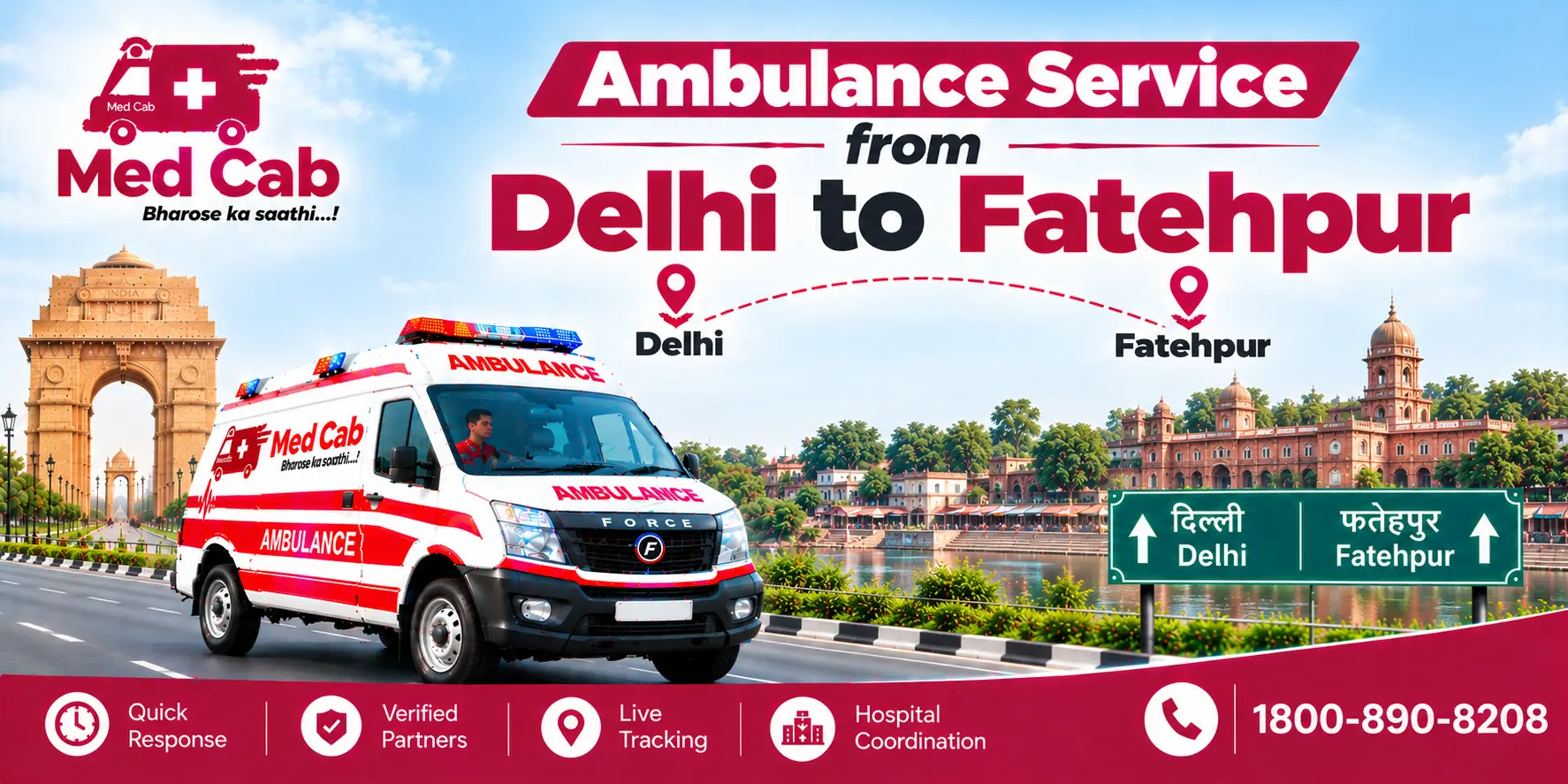 Med Cab banner shows Ambulance Service from Delhi to Fatehpur. Image