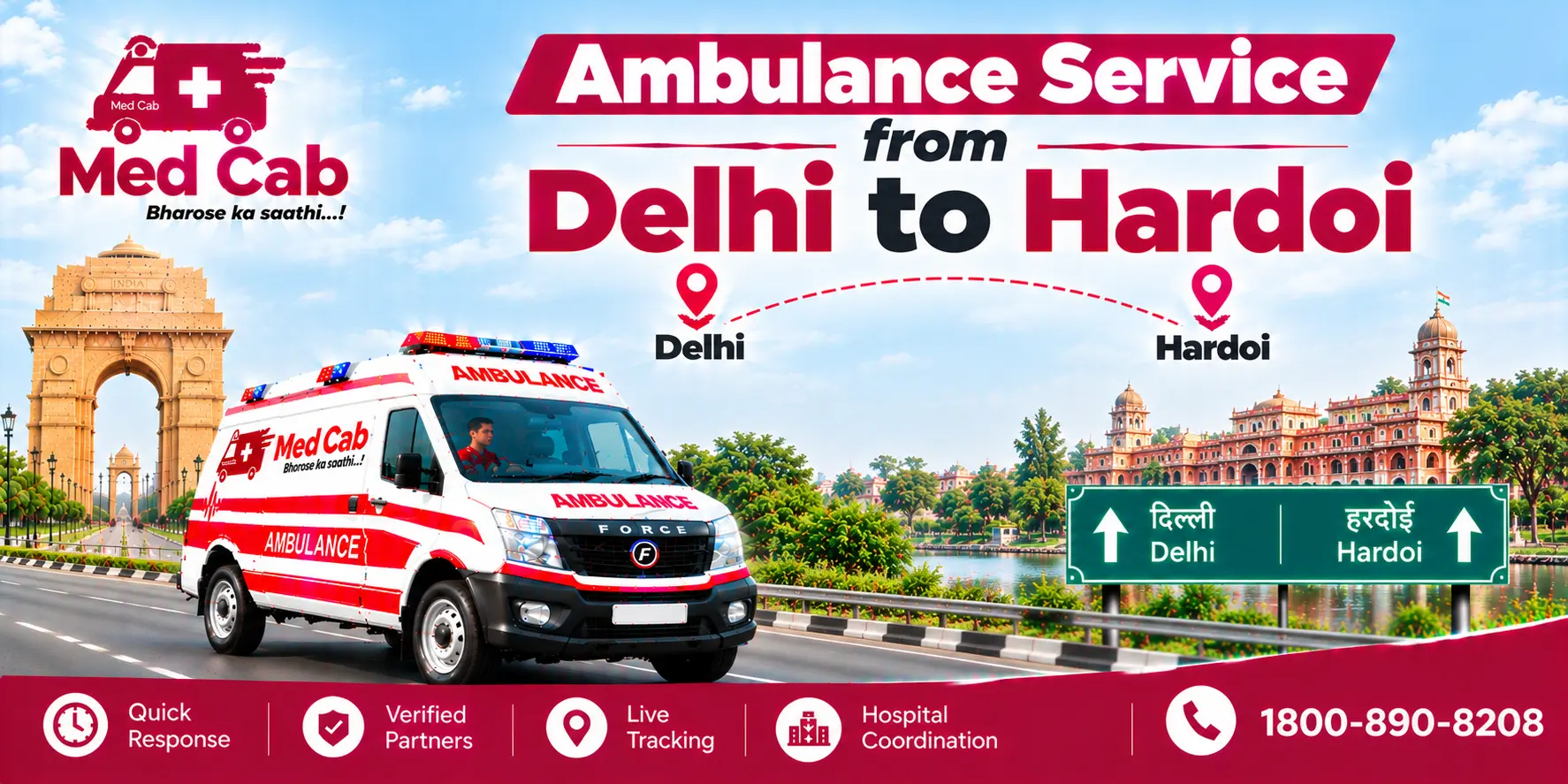 Med Cab banner shows Ambulance Service from Delhi to Hardoi. Image
