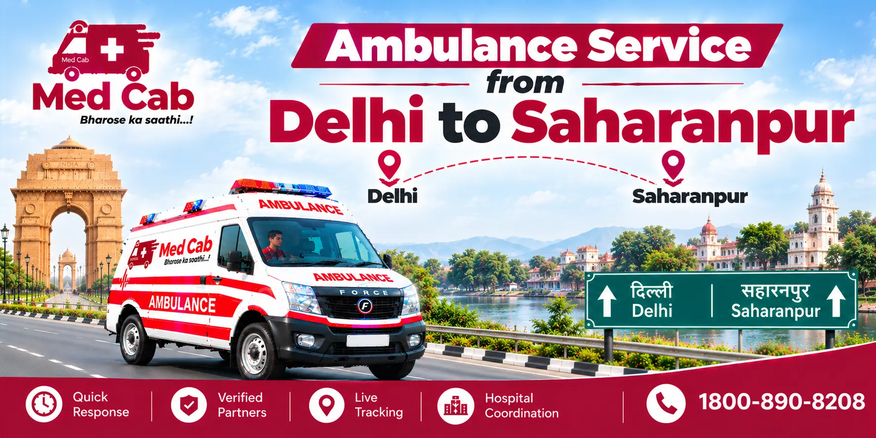 Med Cab banner shows Ambulance Service from Delhi to Saharanpur. Image