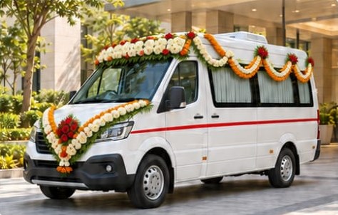 Med Cab mortuary van decorated with flowers