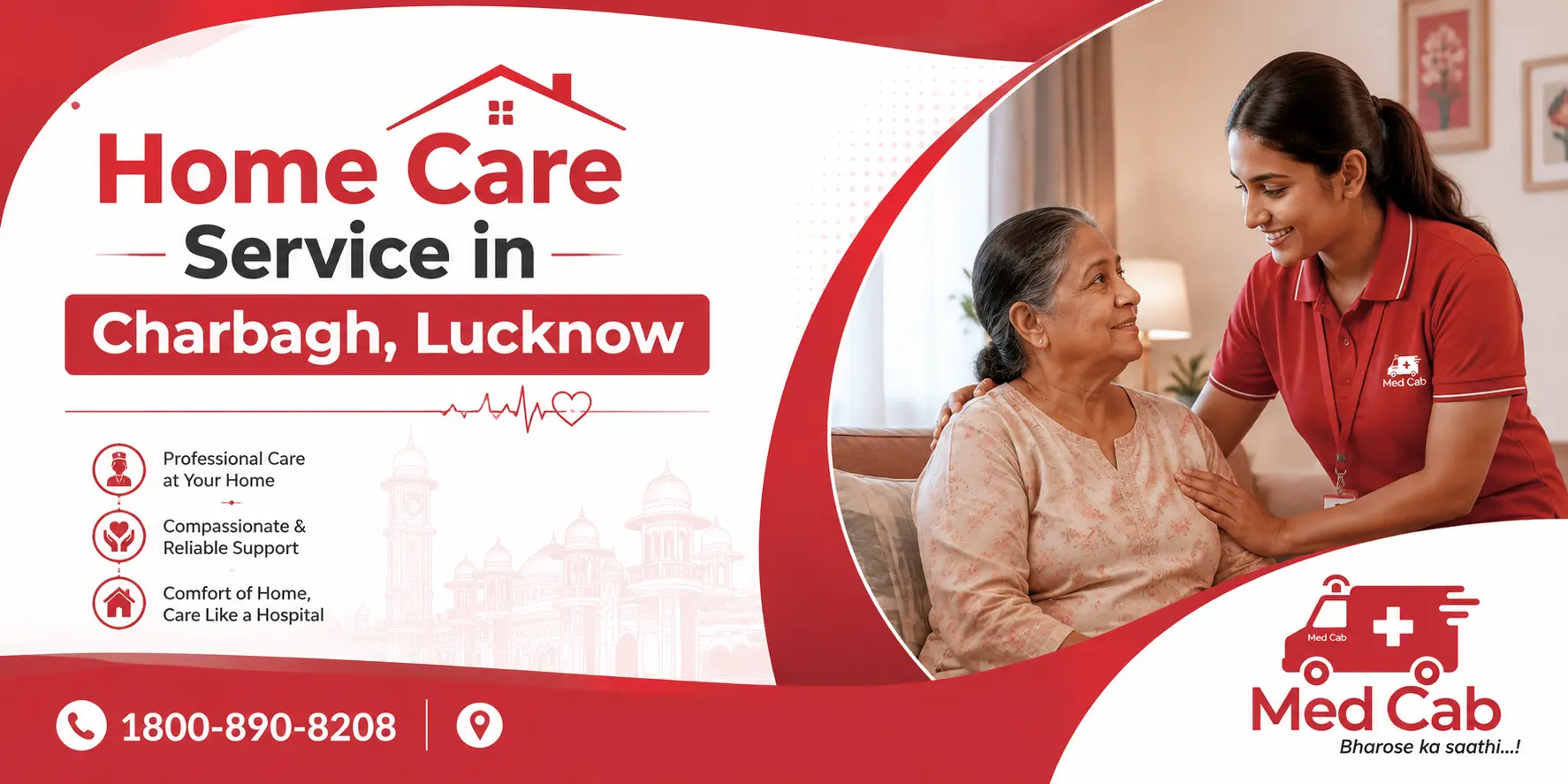 Med Cab home care service in Charbagh, Lucknow, featuring a caregiver assisting an elderly woman at home.