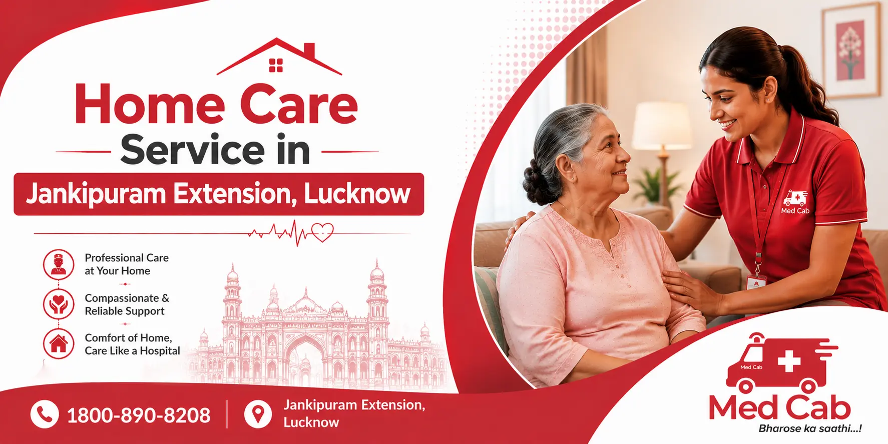 Med Cab home care service in Jankipuram Extension, Lucknow, featuring a caregiver assisting an elderly woman at home.