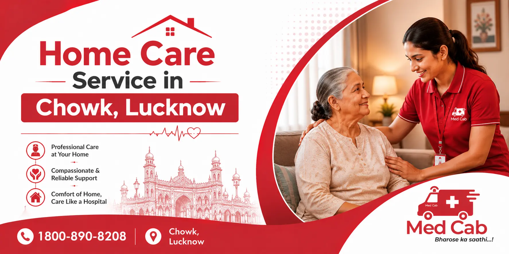 Med Cab home care service in Chowk, Lucknow, featuring a caregiver assisting an elderly woman at home.